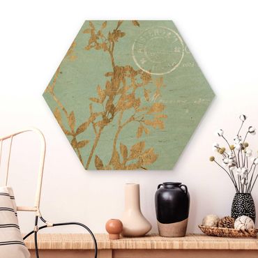 Obraz heksagonalny z drewna - Złote liście na turkusie I