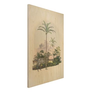 Obraz z drewna - Zebra na tle palm ilustracja