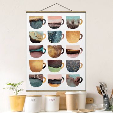 Plakat z wieszakiem - Kolorowe filiżanki do kawy w kolorze złotym