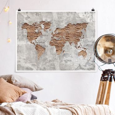 Plakat - Mapa świata Shabby Concrete Brick