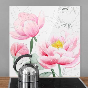 Panel szklany do kuchni - Rysowanie różowych peonii I