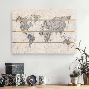 Obraz z drewna - Papierowa mapa świata biała szara