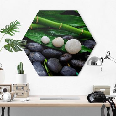 Obraz heksagonalny z Alu-Dibond - Zielony bambus z kamieniami Zen