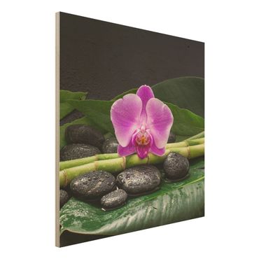 Obraz z drewna - Zielony bambus z kwiatem orchidei