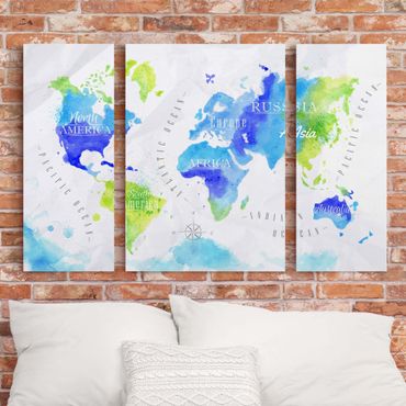 Obraz na płótnie 3-częściowy - Mapa świata akwarela niebiesko-zielona