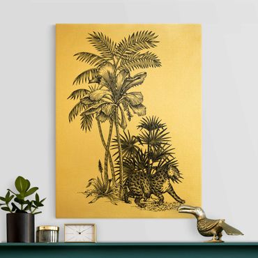 Złoty obraz na płótnie - Ilustracja w stylu vintage - tygrys i drzewa palmowe