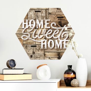 Obraz heksagonalny z Alu-Dibond - Ściana drewniana w stylu "Home sweet home".