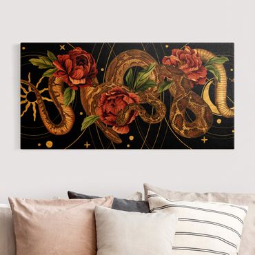Złoty obraz na płótnie - Węże z różami przed czarno-złotym I