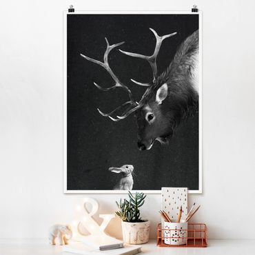 Plakat - Ilustracja Jeleń i zając Czarno-biały obraz