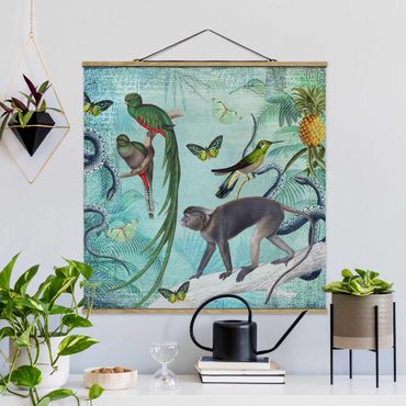 Plakat z wieszakiem - Kolaże w stylu kolonialnym - małpy i rajskie ptaki