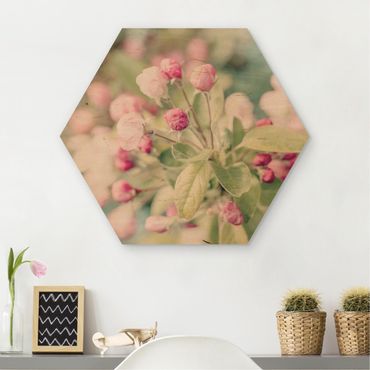 Obraz heksagonalny z drewna - Kwiat jabłoni bokeh różowy