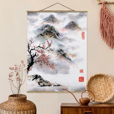Plakat z wieszakiem - Japońska akwarela Drzewo wiśniowe i góry