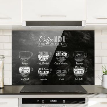 Panel szklany do kuchni - Tablica kredowa z odmianami kawy
