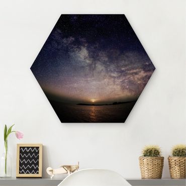 Obraz heksagonalny z drewna - Słońce i rozgwieżdżone niebo nad morzem