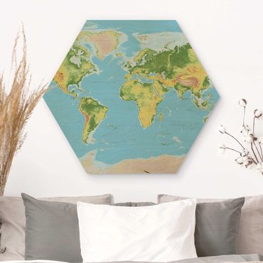 Obraz heksagonalny z drewna - Fizyczna mapa świata
