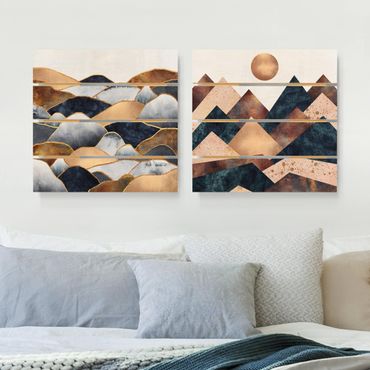 Obraz z drewna 2-częściowy - Geometry i Góry Złote Akwarela