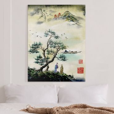 Obraz na płótnie - Japońska akwarela Drzewo sosnowe i górska wioska