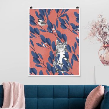 Plakat - Ilustracja przedstawiająca kota i ptaka na gałęzi Niebieskoczerwony
