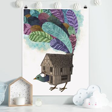 Plakat - Ilustracja domku dla ptaków z piórami