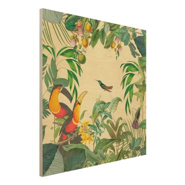 Obraz z drewna - Kolaże w stylu vintage - Ptaki w dżungli