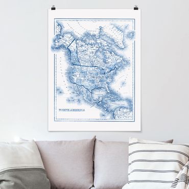 Plakat - Mapa w odcieniach niebieskiego - Ameryka Północna