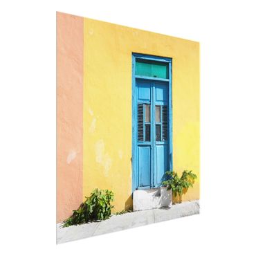 Obraz na szkle - Kolorowa ściana Niebieskie drzwi