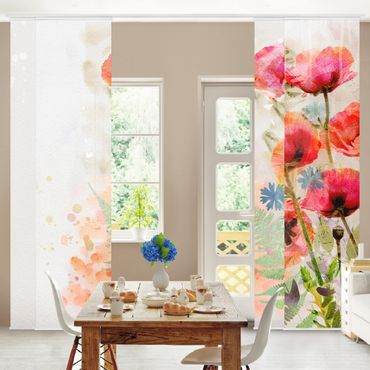 Schiebegardinen Set - Aquarell Blumen Mohn - 4 Flächenvorhänge-240x250-Deckenhalterung