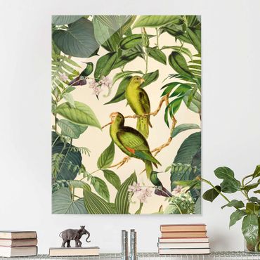 Obraz na szkle - Kolaże w stylu vintage - Papugi w dżungli