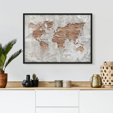 Plakat w ramie - Mapa świata Shabby Concrete Brick