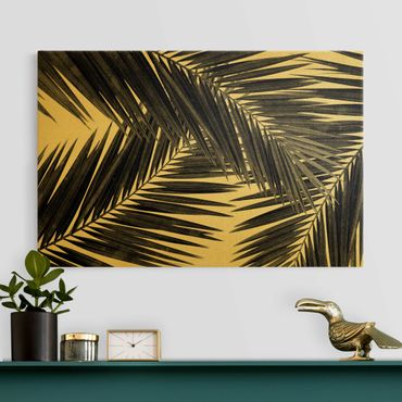 Złoty obraz na płótnie - Widok przez liście palmy czarno-biały