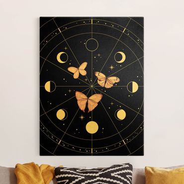 Złoty obraz na płótnie - Fazy księżyca i motyle Różowy