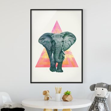Plakat w ramie - Ilustracja przedstawiająca słonia na tle trójkątnego obrazu