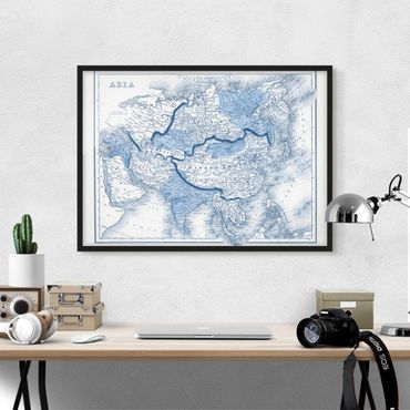 Plakat w ramie - Mapa w odcieniach niebieskiego - Azja
