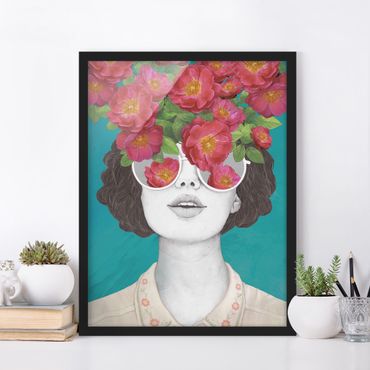 Plakat w ramie - Ilustracja portret kobiety Kolaż z kwiatami Okulary