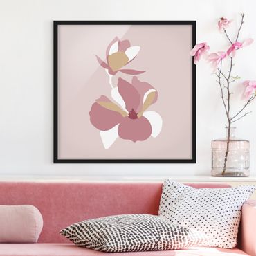Plakat w ramie - Line Art Kwiaty pastelowy róż