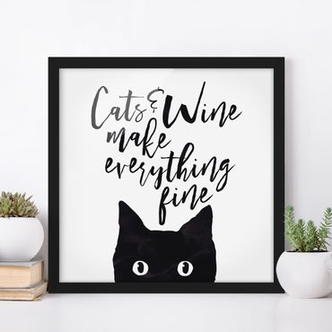 Plakat w ramie - Koty i wino sprawiają, że wszystko jest w porządku
