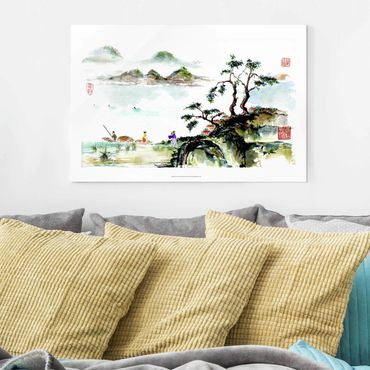 Obraz na szkle - Japońska akwarela do rysowania jeziora i gór