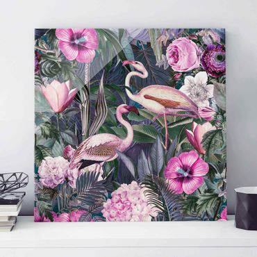 Obraz na szkle - Kolorowy kolaż - Różowe flamingi w dżungli