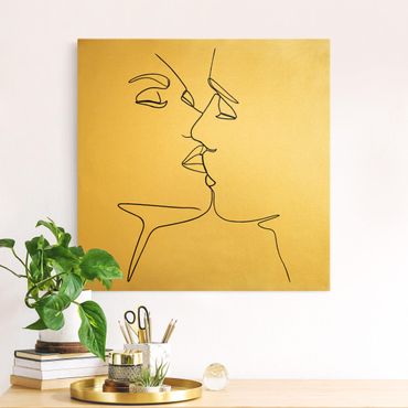 Złoty obraz na płótnie - Line Art Pocałunek twarzy czarno-biały