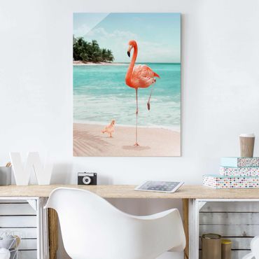 Obraz na szkle - Plaża z flamingiem