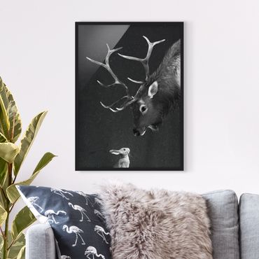 Plakat w ramie - Ilustracja Jeleń i zając Czarno-biały obraz