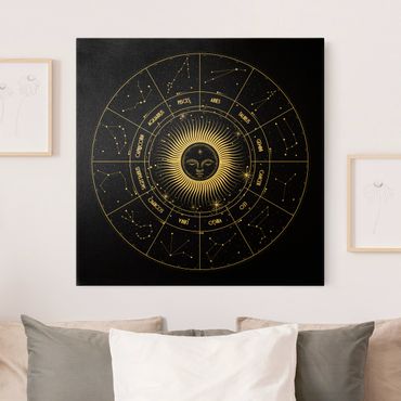 Złoty obraz na płótnie - Astrologia Słońce Koło Zodiakalne Czarne