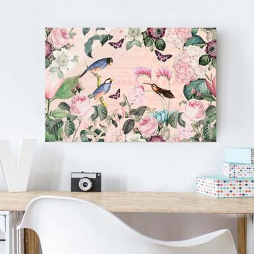 Obraz na szkle - Kolaż w stylu vintage - róże i ptaki