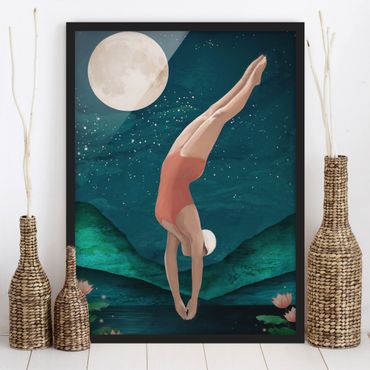Plakat w ramie - Ilustracja kąpiącej się kobiety Księżyc malarstwo