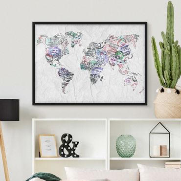 Plakat w ramie - Mapa świata z pieczątką paszportową