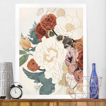 Obraz na szkle - Rysunek bukietu kwiatów w czerwieni i sepii