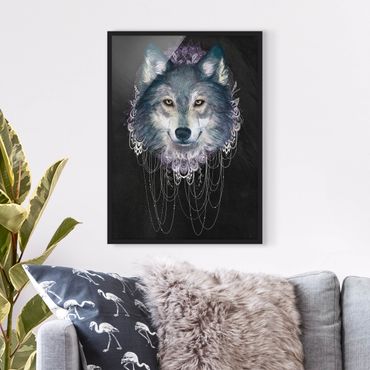 Plakat w ramie - Ilustracja wilka z boho łowcą snów Czarna