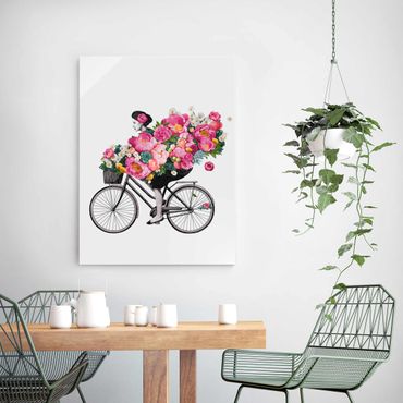 Obraz na szkle - Ilustracja Kobieta na rowerze Kolaż kolorowych kwiatów