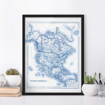 Plakat w ramie - Mapa w odcieniach niebieskiego - Ameryka Północna