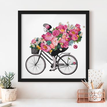 Plakat w ramie - Ilustracja Kobieta na rowerze Kolaż kolorowych kwiatów